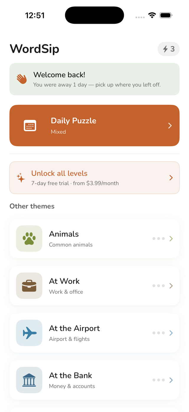 WordSip bilingual word search app showing Spanish vocabulary themes